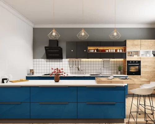 Parallel kitchen with classy blue and oak finish