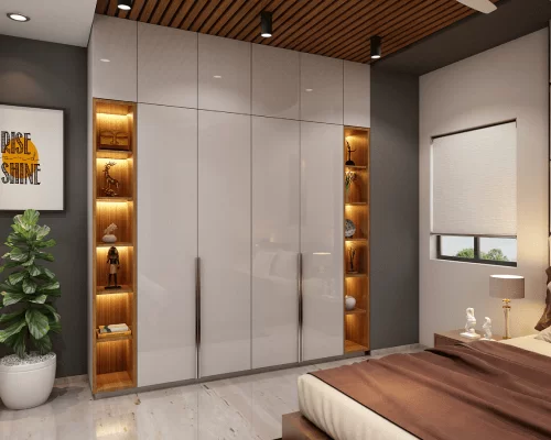 Wardrobe With White Glossy Acrylic And Wooden Open Units