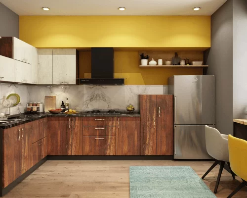 L shaped kitchen with rustic white and maplewood base