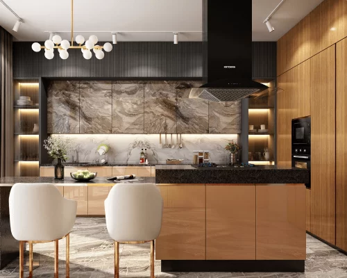 Island kitchen with walnut and marble finish cabinets